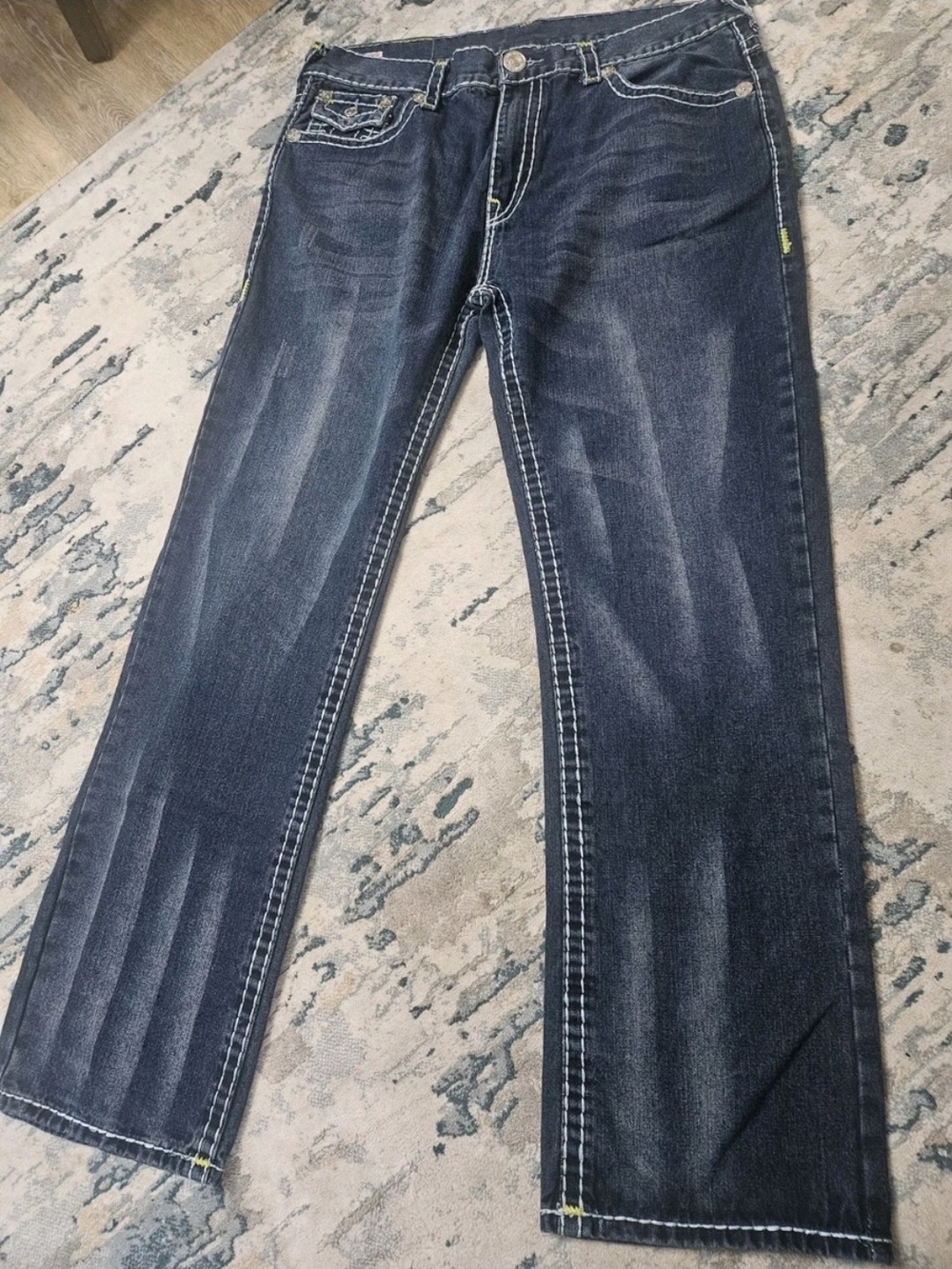True Religion Men's Dark Indigo Bootcut Jeans with Contrast Stitching